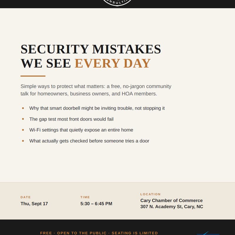 Cover Image for Info Session - Security Mistakes We See Everyday - Silent Sentinel Consulting