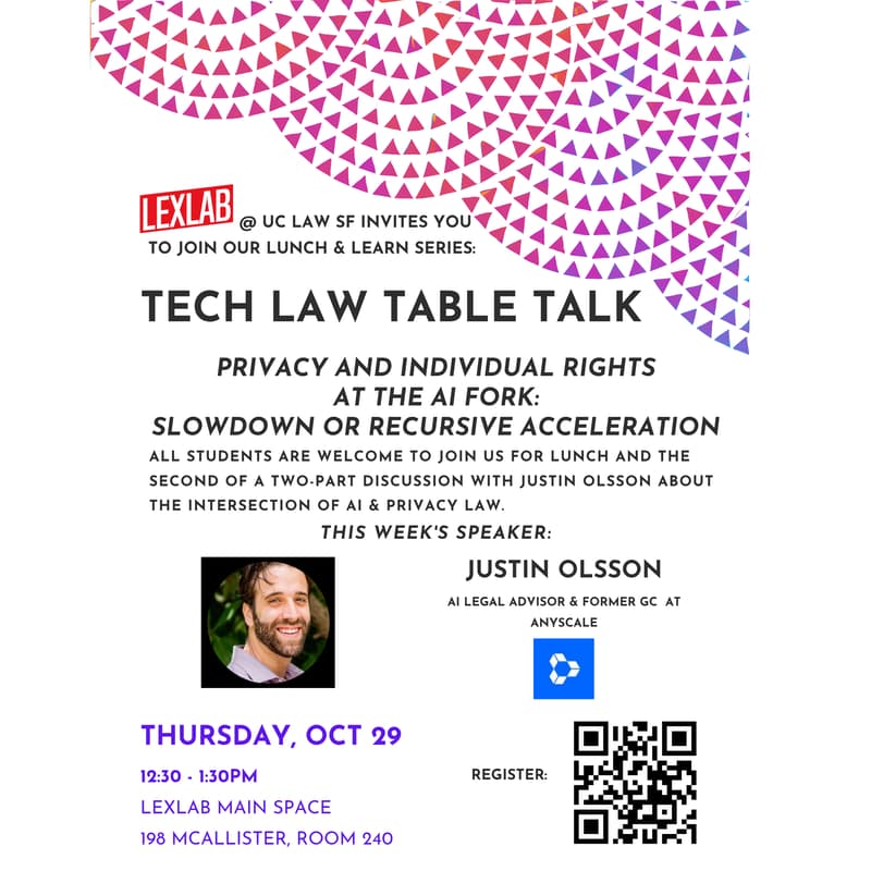 Cover Image for Tech Law Table Talk with Justin Olsson - AI Law, Part II: Privacy and Individual Rights at the AI Fork: Slowdown or Recursive Acceleration