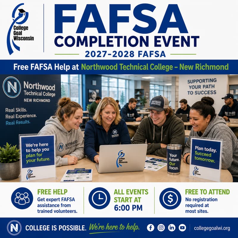 Cover Image for College Goal Wisconsin — Free FAFSA Help at Northwood Technical College (New Richmond)