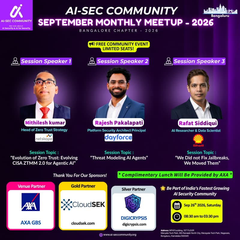Cover Image for 💜AI-SEC COMMUNITY September 2026 MEETUP | Bangalore Chapter
