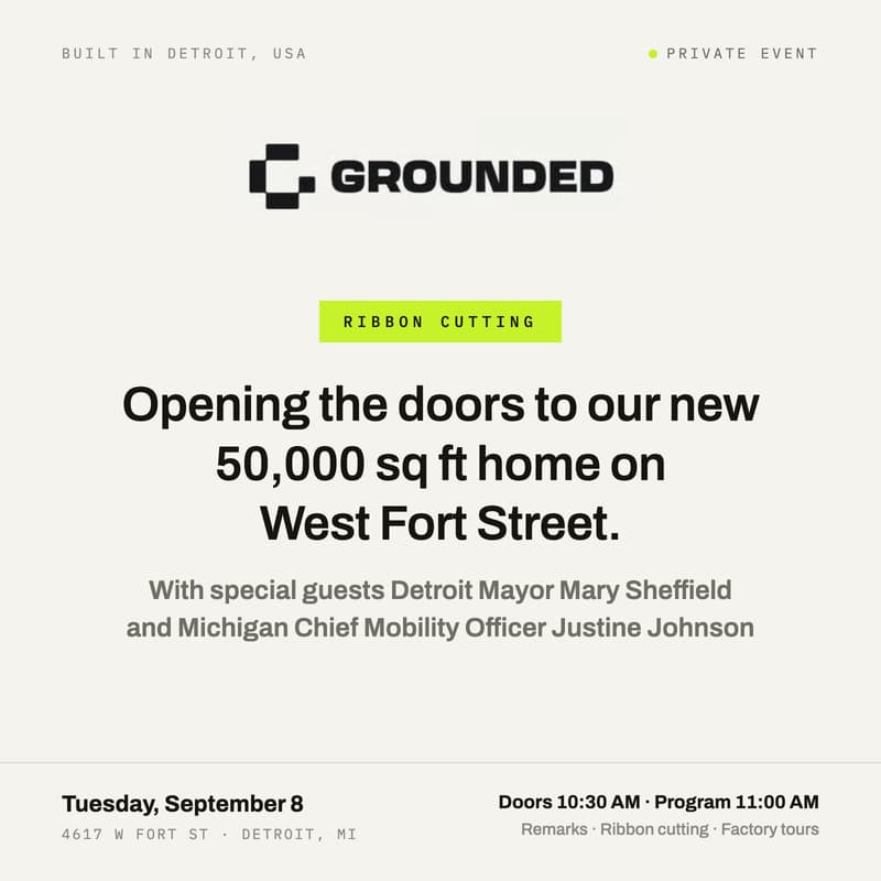 Cover Image for Grounded EV Factory Ribbon Cutting with Detroit Mayor Sheffield and Michigan Chief Mobility Officer Justine Johnson
