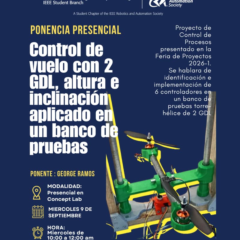 Cover Image for Control de vuelo con 2 GDL, altura e inclinación aplicado en un banco de pruebas