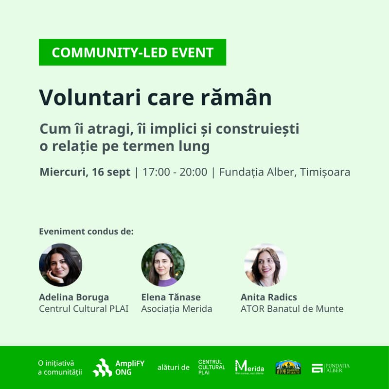 Cover Image for [Community-Led Event AmpliFY ONG] Voluntari care rămân. Cum îi atragi, îi implici și construiești o relație pe termen lung