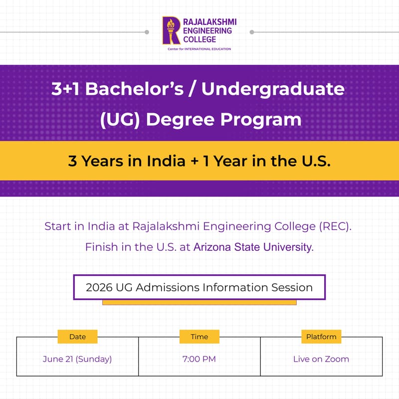 Cover Image for REC Chennai – 2026 Undergraduate (UG) Admissions Info Session | B.E. Degree in Computer Science | 3 Years in India + 1 Year in the U.S.