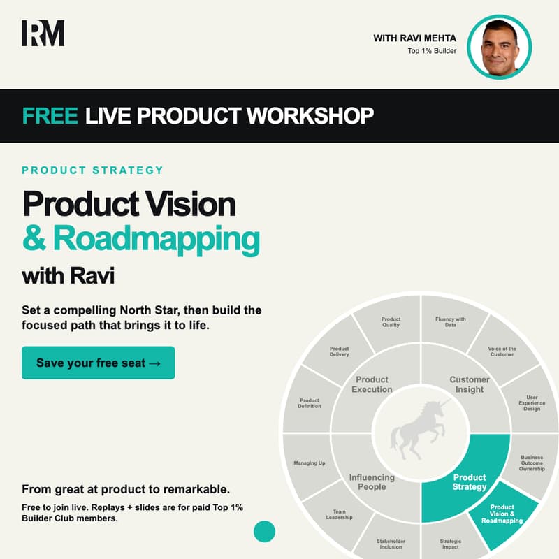 Cover Image for FREE LIVE with Ravi Mehta: Product Vision & Roadmapping — Become a Top 1% Builder
