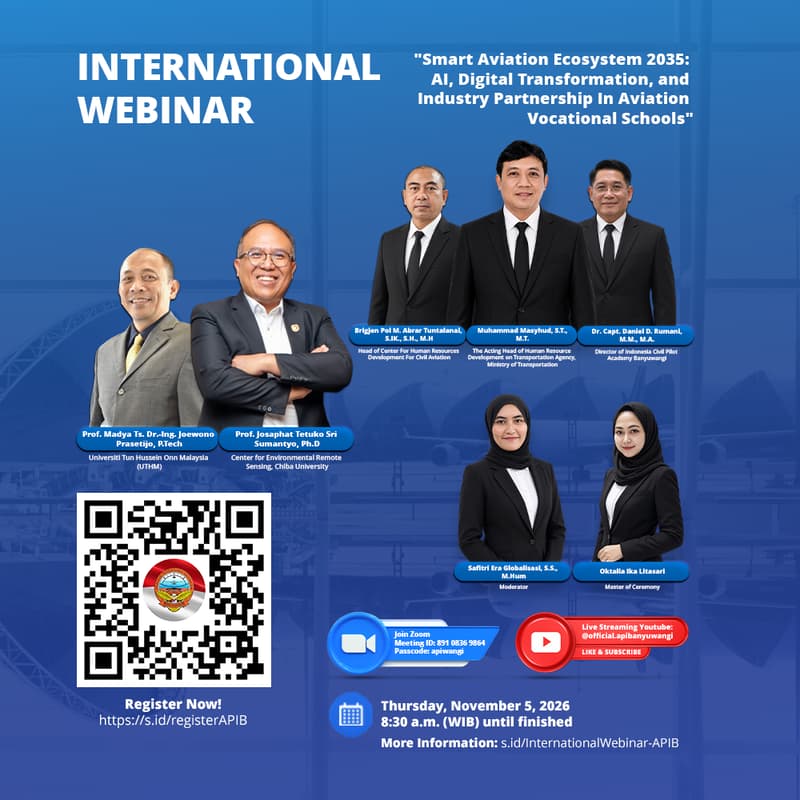 Cover Image for International Webinar "Smart Aviation Ecosystem 2035: AI, Digital Transformation, and Industry Partnership In Aviation Vocational Schools"
