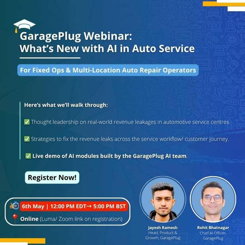 Cover Image for GaragePlug Webinar: Practical AI for Automotive Service (Auto Repair & Fixed Ops)