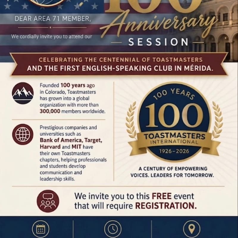 Cover Image for Toastmasters Centennial: 100th Anniversary Session & Mérida English Club