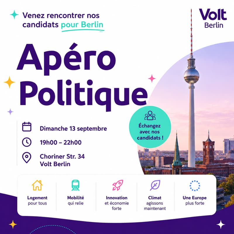 Cover Image for Apéro Politique — Venez rencontrer les candidat·e·s francophones de Volt pour les élections de Berlin