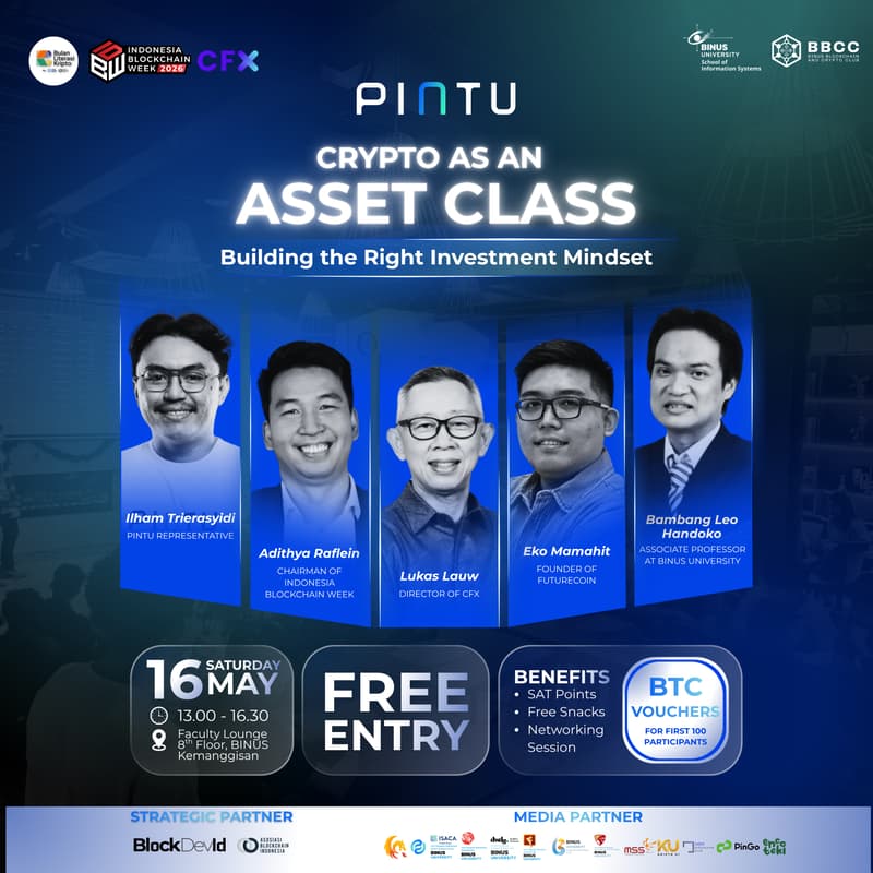 Cover Image for BBCC x PINTU: Crypto as an Asset Class: Building the Right Invesment Mindset ft. Indonesia Blockchain Week, ABI & CFX