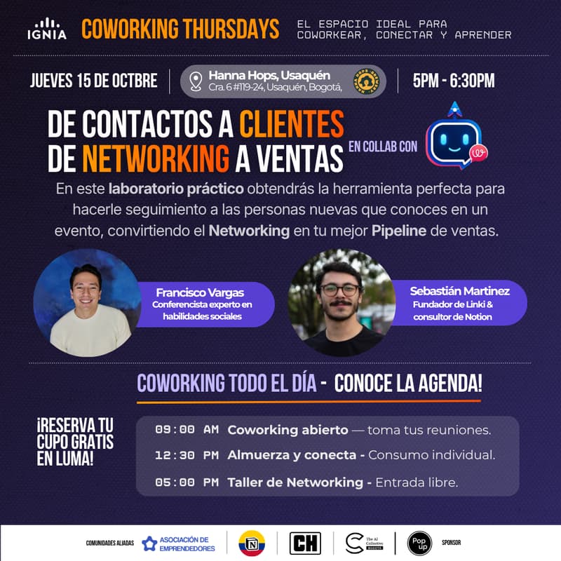 Cover Image for Coworking Thursdays - Taller para convertir el Networking en Pipeline de ventas!