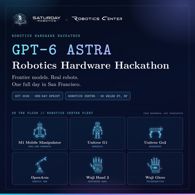 Cover Image for GPT-6 Astra Robotics Hardware Hackathon: Saturday Robotics × Robotics Center. SF