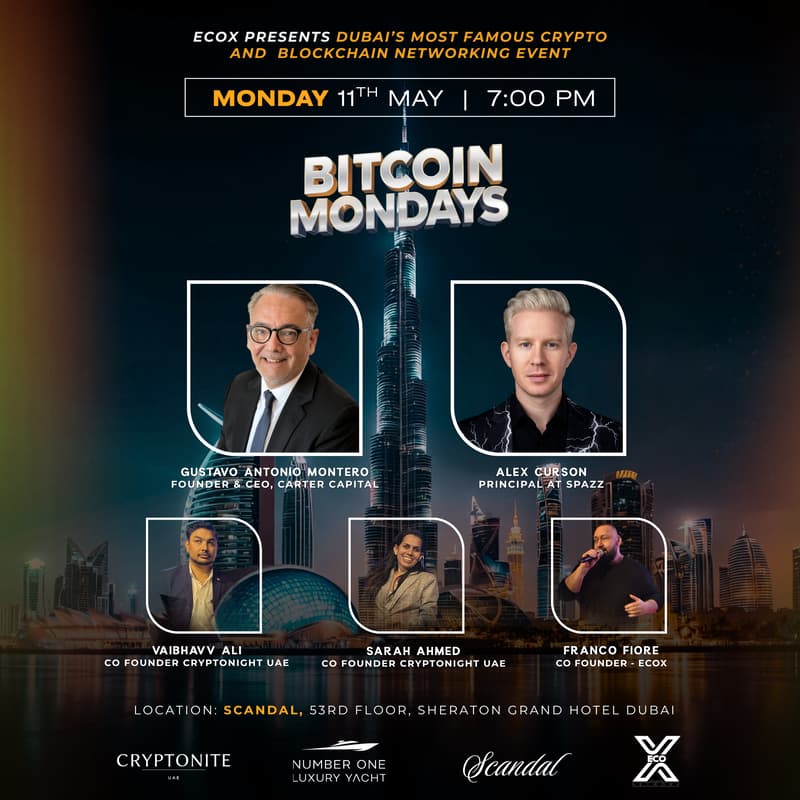 Cover Image for BitCoin Mondays by EcoX Network - in cooperation with Cryptonite UAE! Special Fireside Chat - Gustavo Antonio Montero & Alex Curson