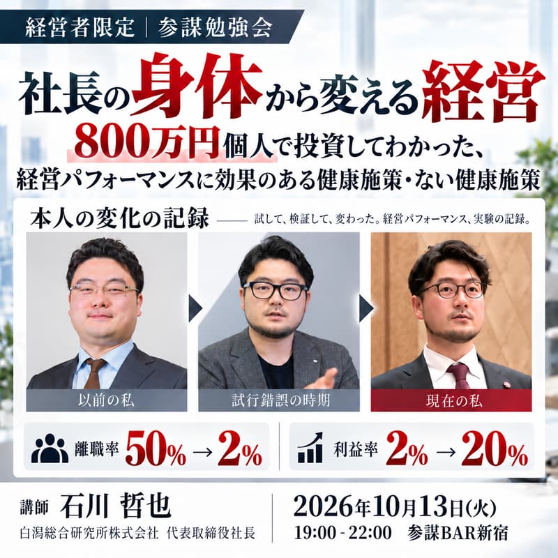 Cover Image for 石川哲也の「社長の身体から変える経営」 ～800万円個人で投資してわかった、経営パフォーマンスに効果のある健康施策・ない健康施策～