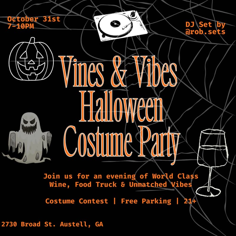 Cover Image for Vines & Vibes Halloween Costume Party | Live DJ Set, World Class Wines, & Food Truck