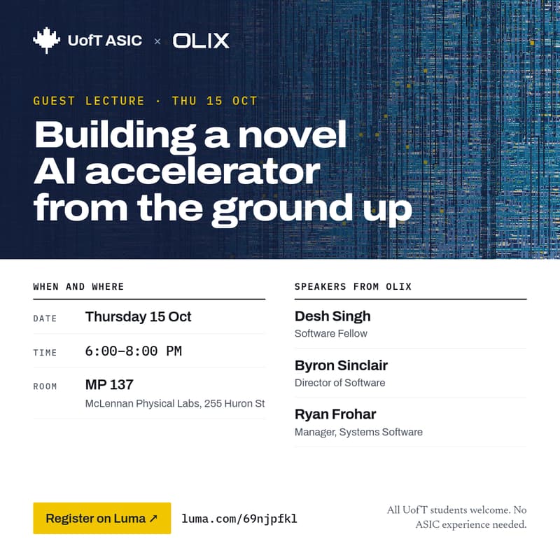 Cover Image for Guest Lecture: Building a novel AI accelerator from the ground up (OLIX)