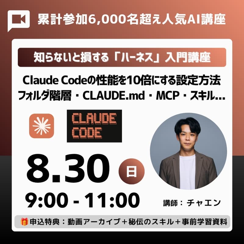 Cover Image for 【知らないと損する】Claude Codeの性能を10倍にする「ハーネス」入門講座。フォルダ階層・CLAUDE.md・MCP・スキルを整え、AIの精度向上。ターミナル不要・デスクトップアプリでの業務棚卸しワークショップ付き《🎁特典:事前学習動画、投影資料、スキル一覧 etc》
