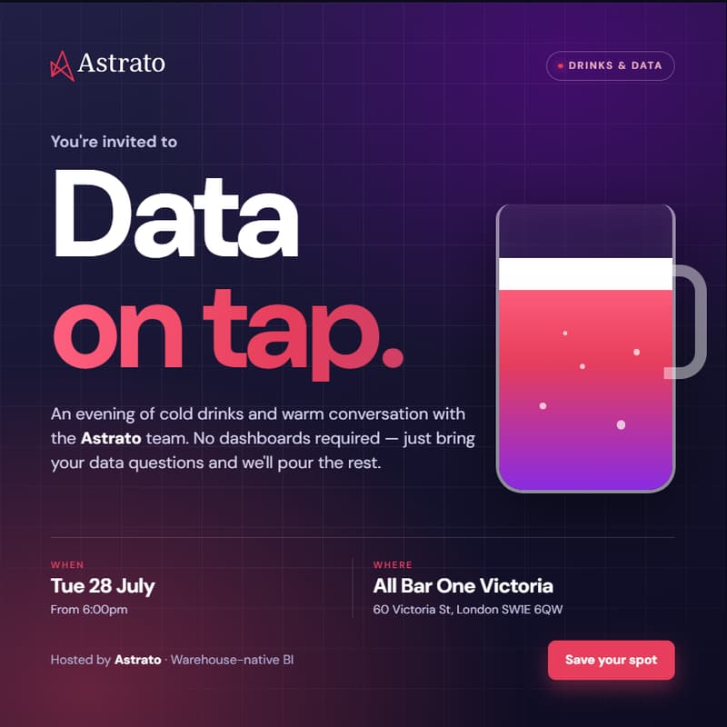 Cover Image for Data on tap - the social event for Data professionals, by Astrato Analytics 🍸🍺
