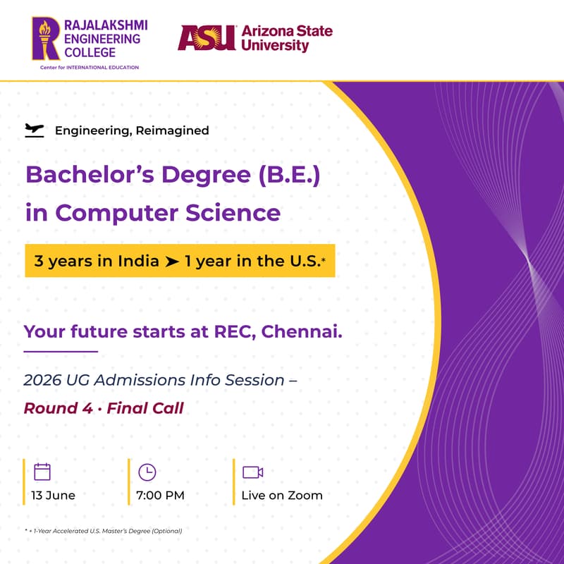 Cover Image for REC Chennai – 2026 Undergraduate (UG) Admissions Info Session | B.E. Degree in Computer Science | 3 Years in India + 1 Year in the U.S.
