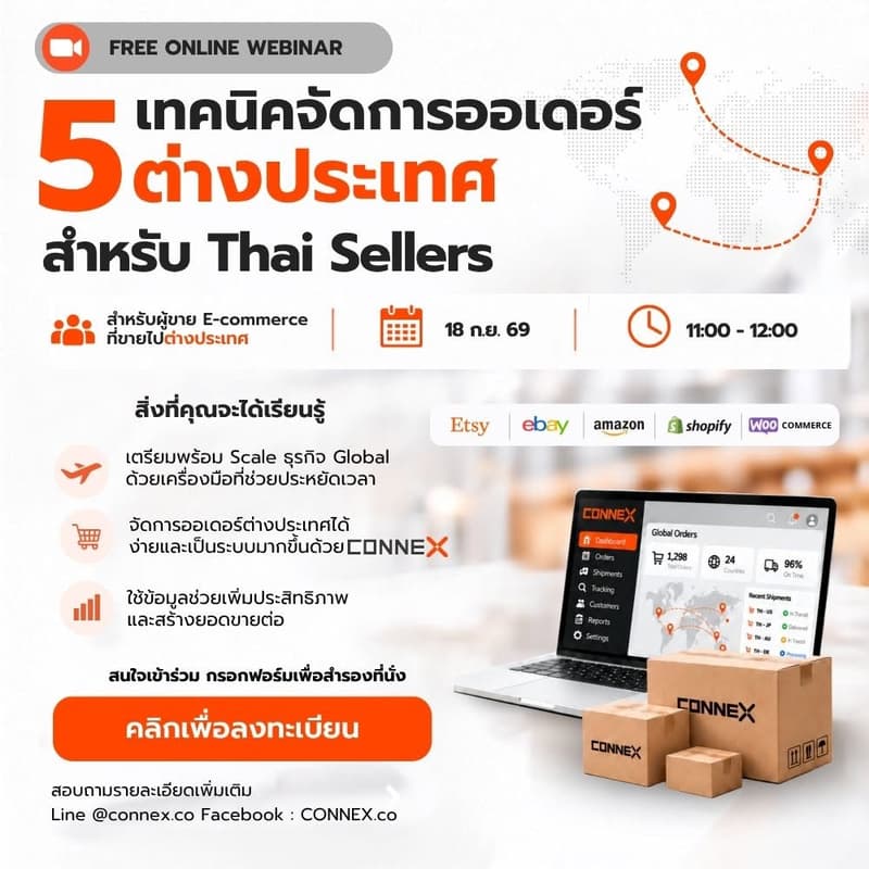Cover Image for [Free Webinar] 5 เทคนิคจัดการออเดอร์ต่างประเทศ สำหรับThai Sellers