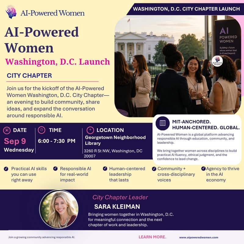 AI-Powered Women Washington, D.C. Chapter event poster featuring Sara Kleiman