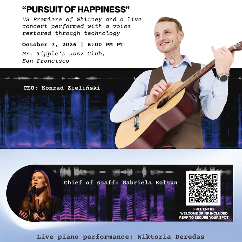 Cover Image for [LIVE CONCERT] Pursuit of Happiness: Revolutionary Demonstration of Whitney Device. Uhura Bionics. Special Encore Set: #TechCrunch Before