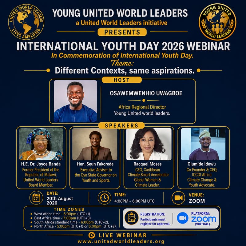 Cover Image for Young United World Leaders - International Youth Day webinar with H.E. Dr. Joyce Banda, former President of Malawi
