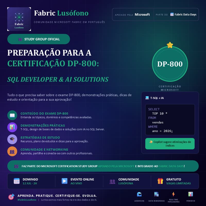 Cover Image for Série de Certificações Microsoft Data Days #4: Preparação para o Exame DP-800 (SQL AI Developer Associate)