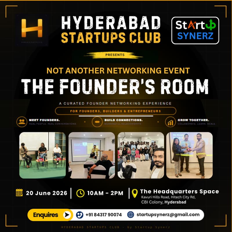 Cover Image for The Founder’s Room – Hyderabad Startups Club | Founder Networking & Startup Ecosystem Access Experience