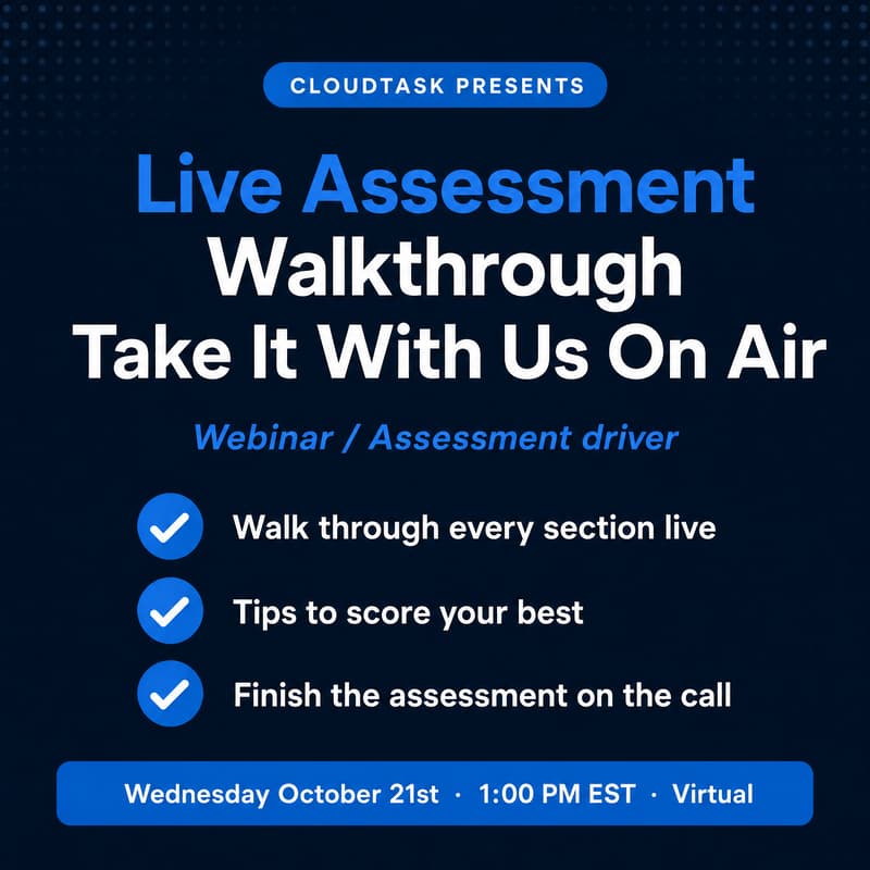 Cover Image for Live Assessment Walkthrough: Take It With Us On Air — Wed, Oct 21, 1:00 PM EST