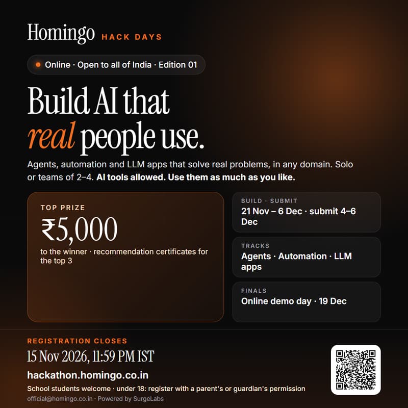 Cover Image for Homingo Hack Days: Online AI Engineering Hackathon (India)