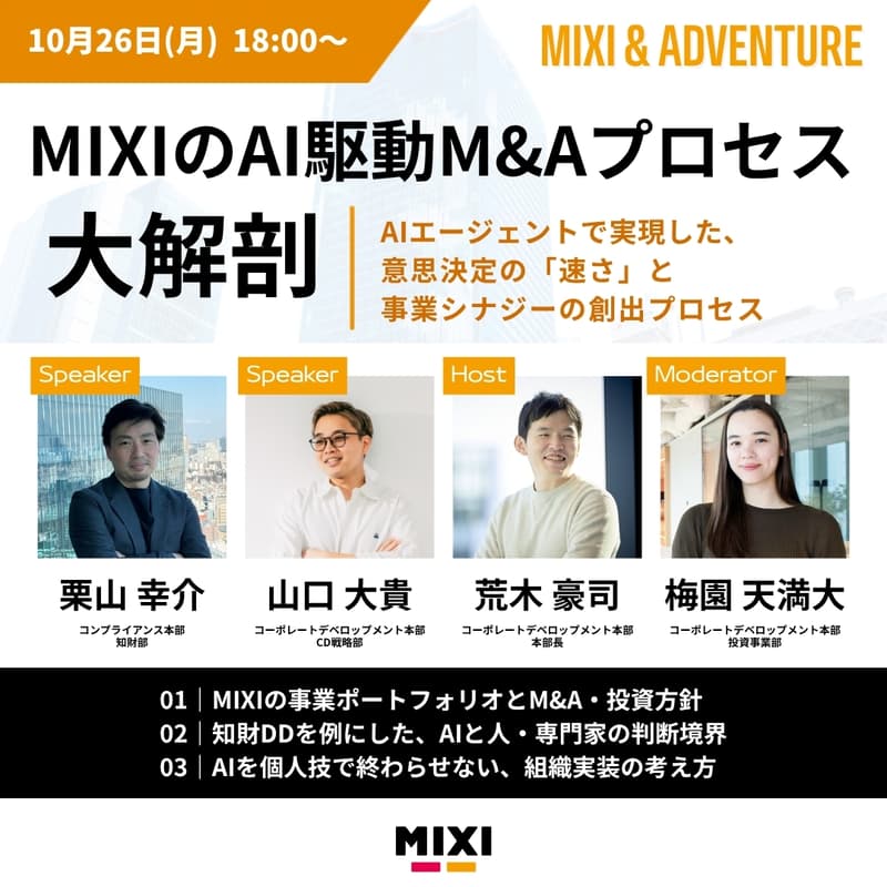Cover Image for MIXI & ADVENTURE（MIXIのAI駆動M&Aプロセス大解剖）