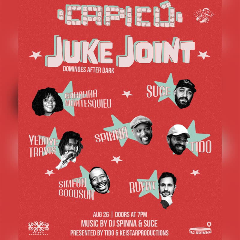 Cover Image for 🎤JUKE JOINT-A Night of Comedy*Dominoes* DJ Sets & Dance Party w/ DJ SPINNA + SUCE ~ Wed 8-26-26