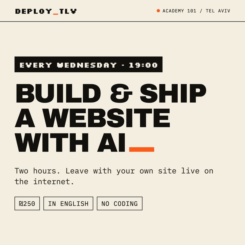 Cover Image for Build a Website with Claude Code · English AI Workshop in Tel Aviv · Deploy Academy