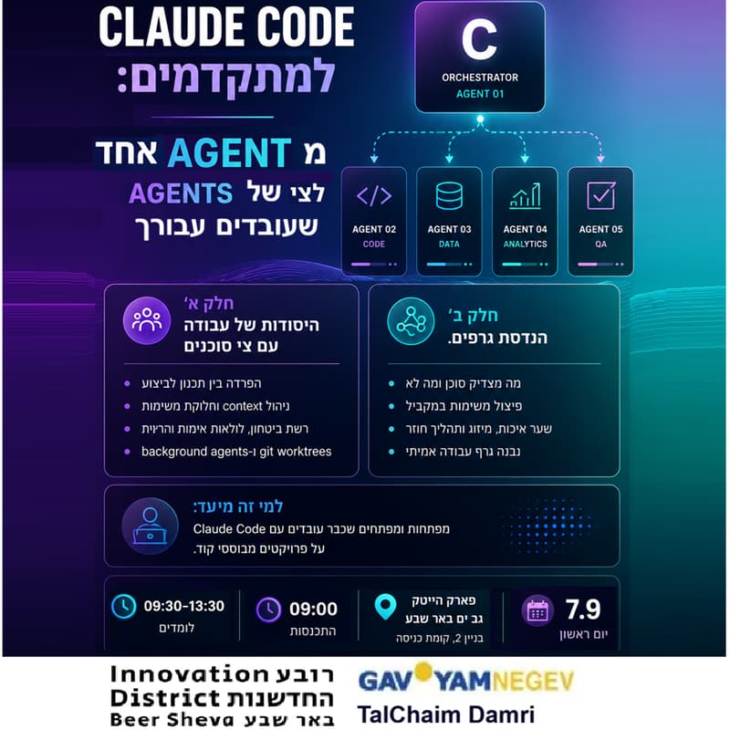 Cover Image for Claude Code Advanced Workshop | סדנה מעשית 7.9 למתקדמים - הארוע נדחה.