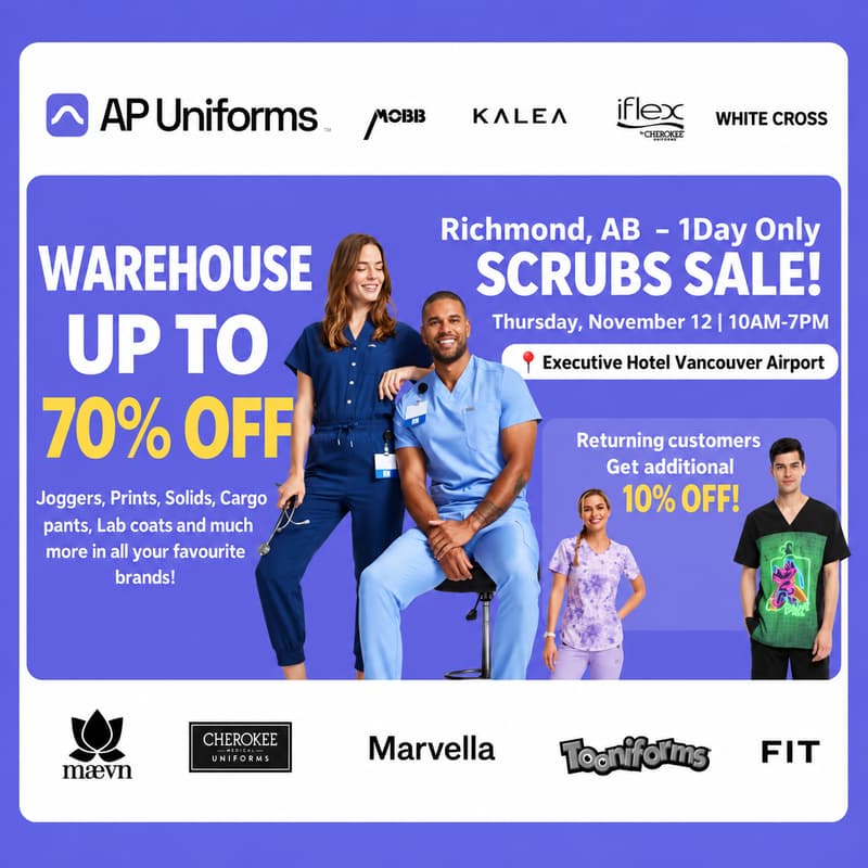 Cover Image for Warehouse Scrubs Sale – Richmond, BC – 1 Day Only