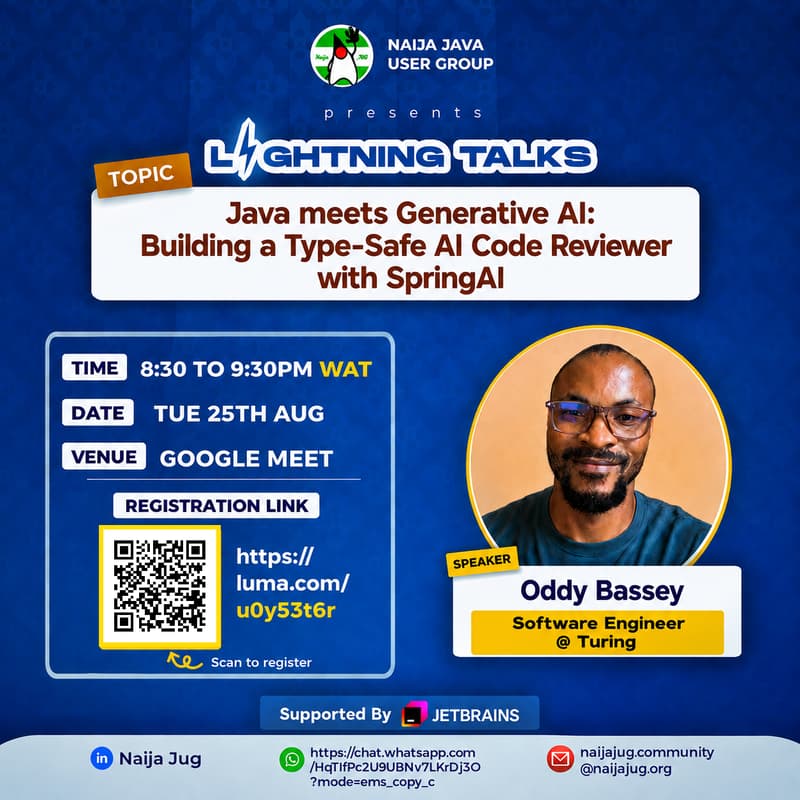Cover Image for Java meets Generative AI: Building a Type-Safe AI Code Reviewer with SpringAI. Lightning Session with Oddy Bassey Software Engineer @ Turing