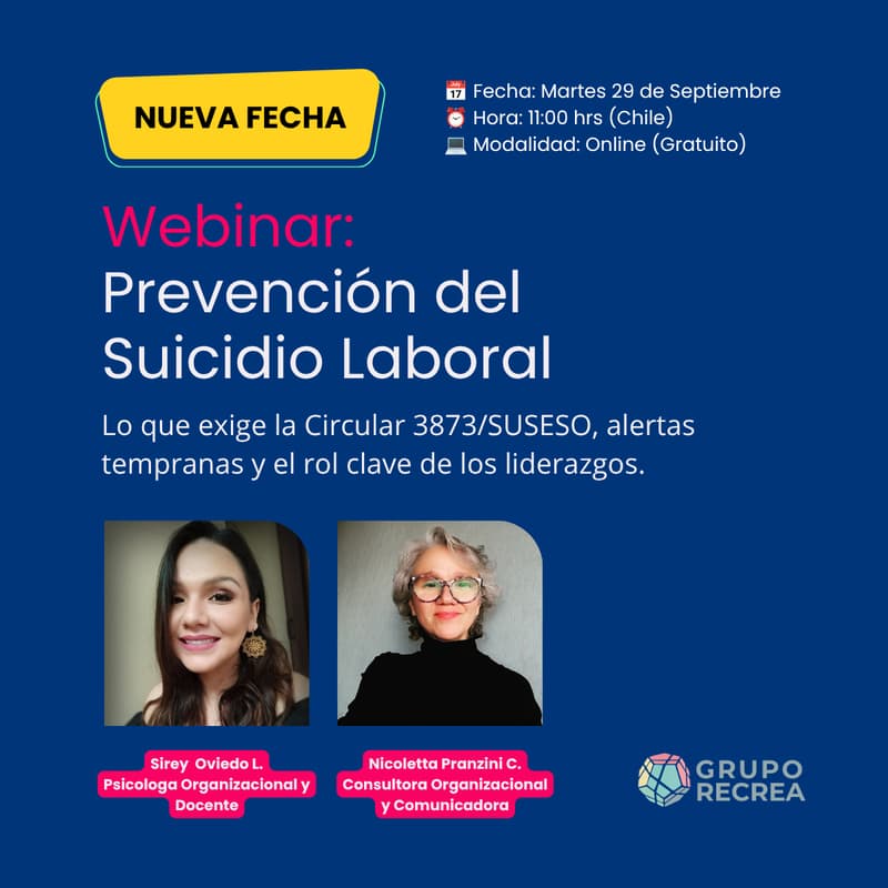 Cover Image for Webinar: Prevención del Suicidio Laboral, lo que exige la Circular 3873/SUSESO, alertas tempranas y el rol clave de los liderazgos.