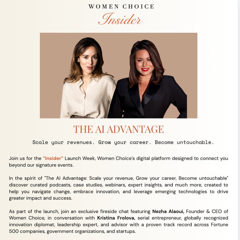 Cover Image for Women Choice Insider Launch Week - The AI Advantage: How Women Leaders Can Gain Back 10 Hours a Week and Accelerate Their Careers