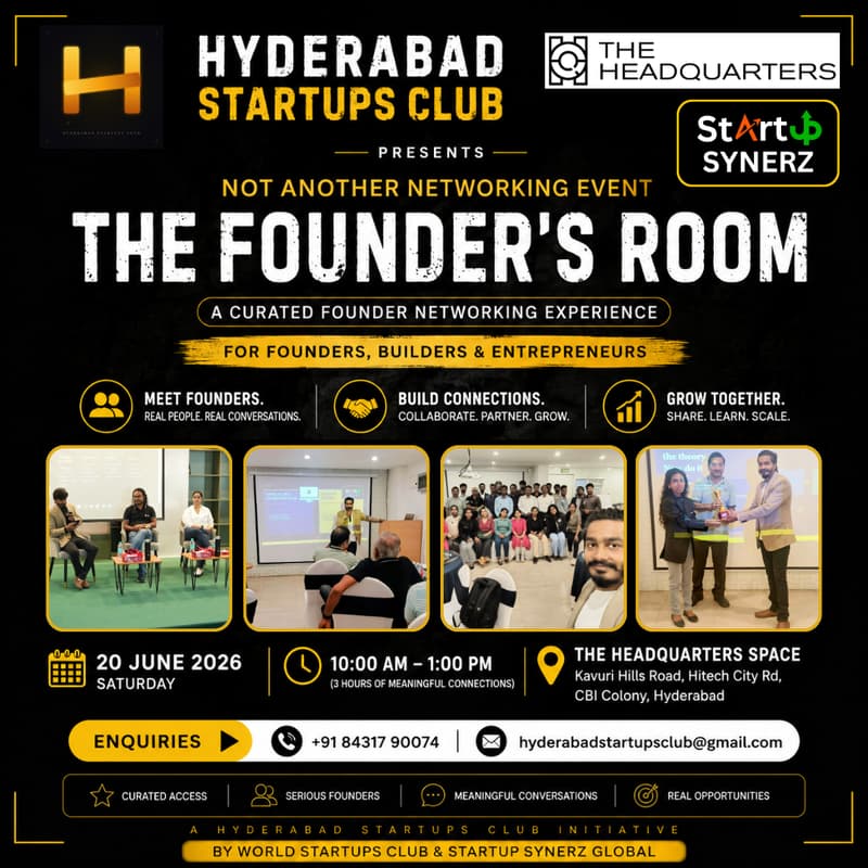 Cover Image for The Founder’s Room – Hyderabad Startups Club | Founder Networking & Startup Ecosystem Access Experience