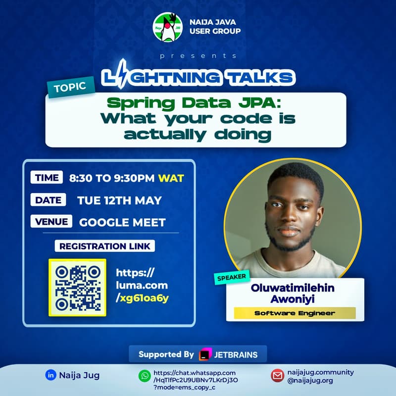Cover Image for Spring Data JPA: What your code is actually doing Lightning Session with Oluwatimilehin Awoniyi