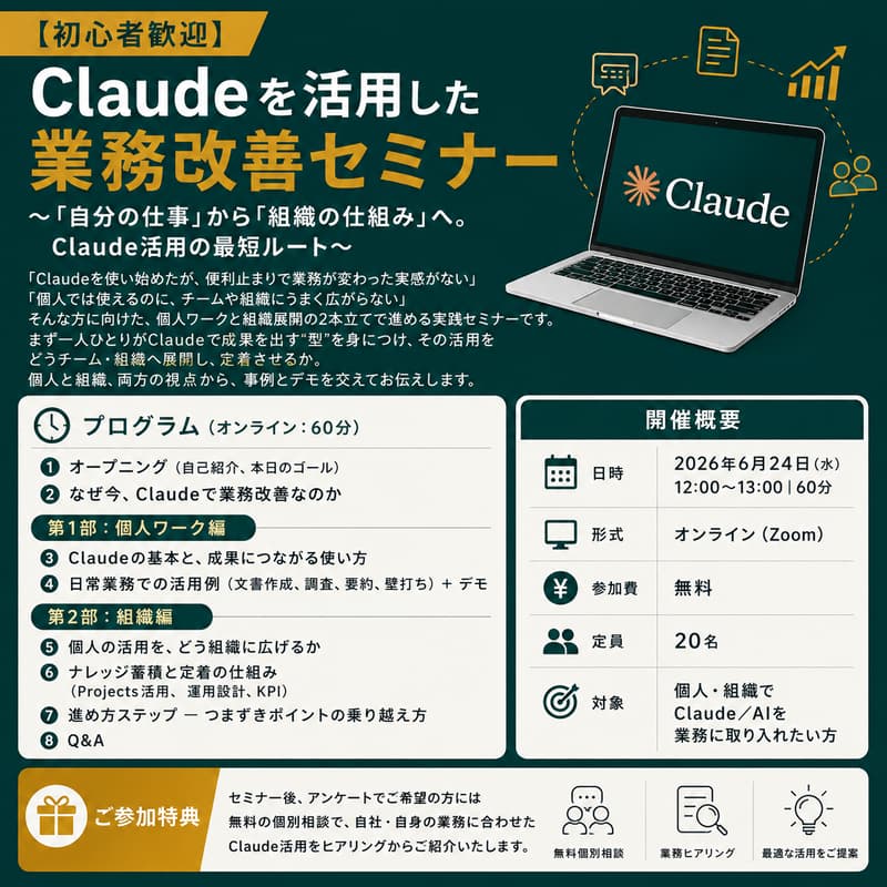 Cover Image for 【初心者歓迎】小規模事業者のためのClaudeを活用した業務改善セミナー