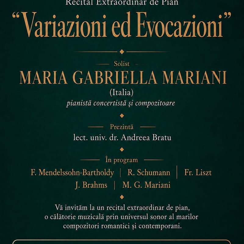Cover Image for Recital Extraordinar de Pian „Variazioni ed Evocazioni” | Maria Gabriella Mariani (Italia)