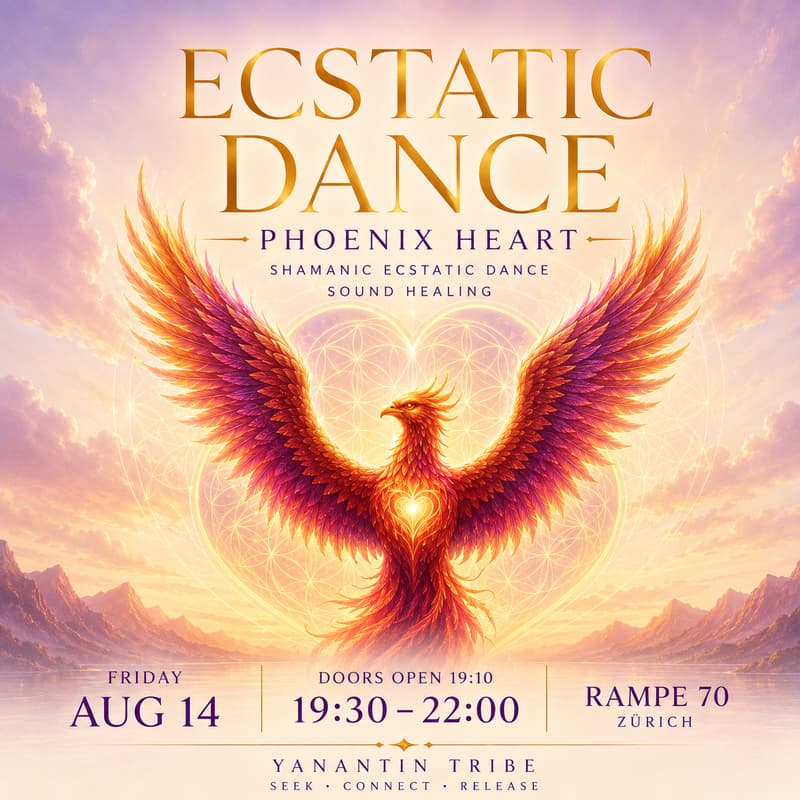 Cover Image for ECSTATIC DANCE PARTY ZÜRICH · SOUND HEALING · PHOENIX HEART · TRIBAL · WORLD MUSIC · BAREFOOT · MOVEMENT MEDICINE · DANCE MEDITATION