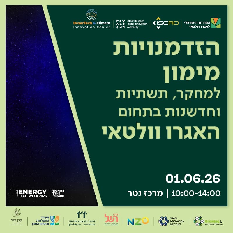 Cover Image for הזדמנויות מימון למחקר, תשתיות וחדשנות בתחום האגרו וולטאי