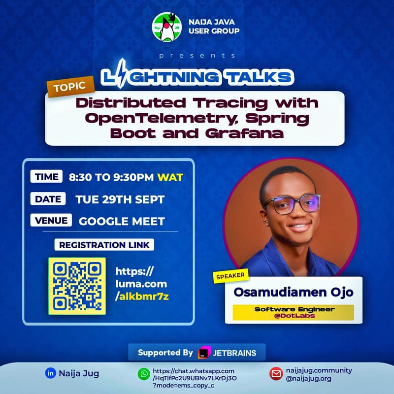 Cover Image for Distributed Tracing with OpenTelemetry, Spring Boot and Grafana. Lightning Session with Osamudiamen Ojo