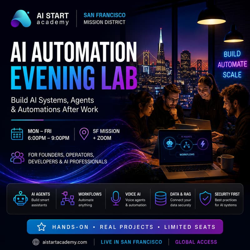 Cover Image for AI Automation Agency Bootcamp: 2-Week Evening Edition for Founders, Students & Business Professionals (In-Person San Francisco + Zoom)
