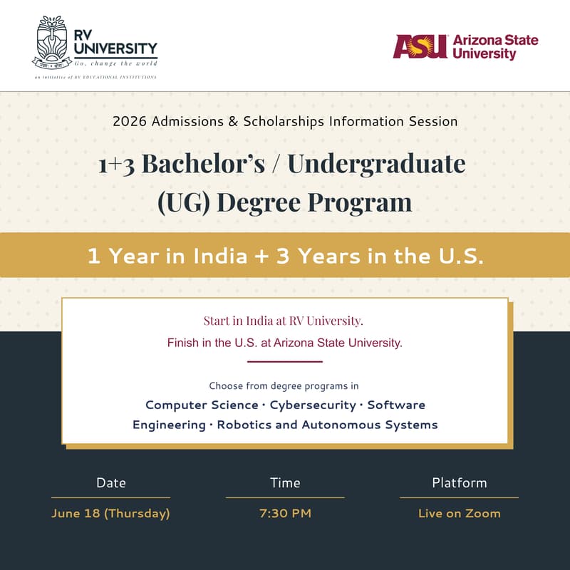 Cover Image for RV University 2026 Admissions & Scholarships Info Session • Bachelor’s / UG Degree Programs • Study 1 Year in India + 3 Years in the U.S.