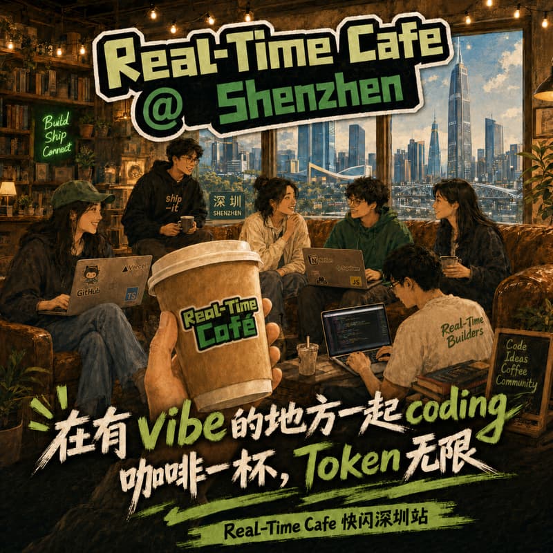 Cover Image for 咖啡一杯,Token 无限,Real-Time Cafe 深圳站来了!新增「硬件晒晒桌」与「AI 桌游试玩桌」