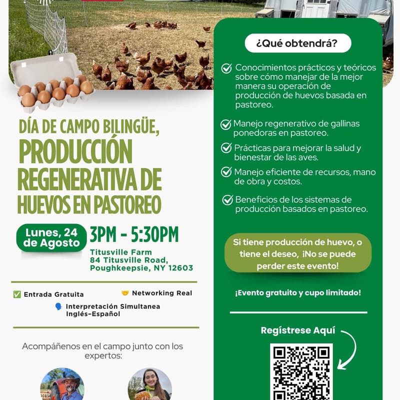 Cover Image for Día de Campo Bilingüe: Producción Regenerativa de Huevos en Pastoreo -- Bilingual Farm Field Day: Regenerative Egg Production on Pasture